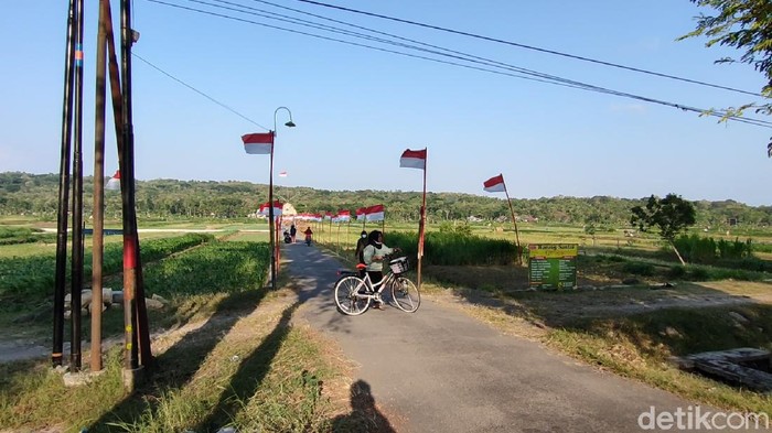 Suasana area persawahan yang dihiasi bendera merah putih di Dobangsan, Giripeni, Wates, Kulon Progo, Senin (16/8/2021). Suasana area persawahan yang dihiasi bendera merah putih di Dobangsan, Giripeni, Wates, Kulon Progo, Senin (16/8/2021).