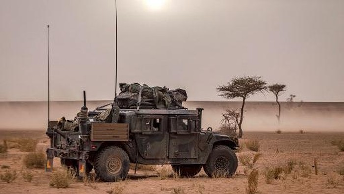 A US military humvee (High Mobility Multipurpose Wheeled Vehicle or HMMWV) is seen in the Grier Labouihi region in southeastern Morocco on June 9, 2021 during the 