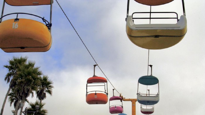 Photo of colorful overhead gondolas at the Santa Cruz Boardwalk taken in the Fall of 2011.