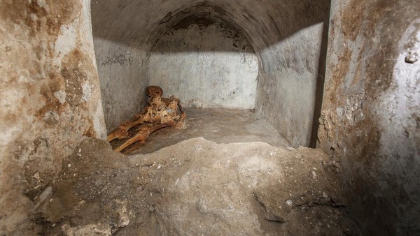 Terbaru, sebuah tengkorak dengan sejumput rambut putih dan sebagian telinga, serta tulang dan fragmen kain, ditemukan di pemakaman Porta Sarno. Pemakaman itu berada di area yang belum dibuka untuk umum di sebelah timur kota Pompeii. (AP/Alfio Giannotti)