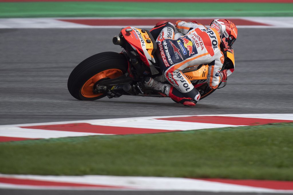 SPIELBERG, AUSTRIA - AUGUST 13: Marc Marquez of Spain and Repsol Honda Team rounds the bend during the MotoGP of Austria - Free Practice at Red Bull Ring on August 13, 2021 in Spielberg, Austria. (Photo by Mirco Lazzari gp/Getty Images)