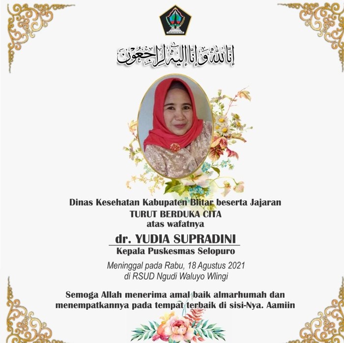 Kabar duka datang dari tenaga kesehatan (nakes) di Kabupaten Blitar. Kepala Puskesmas Selopuro meninggal dunia usai dinyatakan negatif COVID-19.
