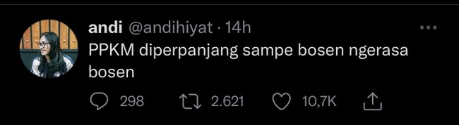 Saking bosan kelamaan di rumah sampai-sampai kita nggak sadar kalau sebentar lagi sudah mau akhir tahun. Jadi selama 2021 ini apa saja yang sudah kamu lakukan? Foto: Twitter