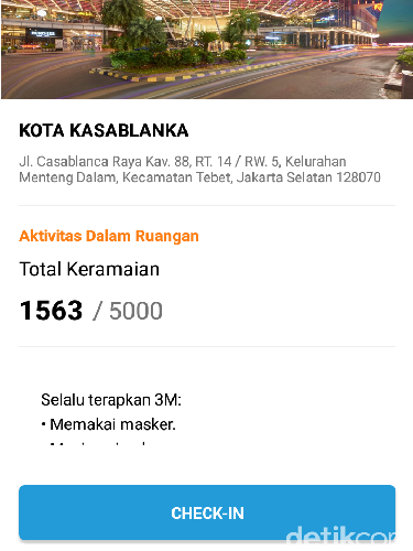 Tampilan check in di aplikasi PeduliLindungi