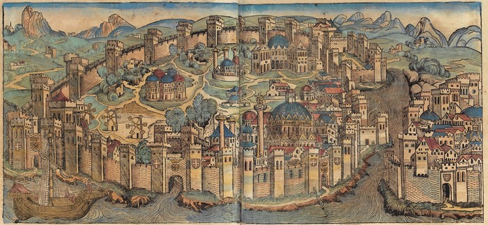 Karya grafis cukil kayu Konstantinopel tahun 1493 dari Nuremberg Chronicle.