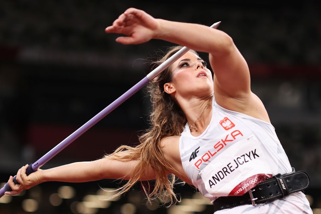 TOKYO, JAPAN - AUGUST 06: Maria Andrejczyk of Team Poland competes in the Women's Javelin Throw final on day fourteen of the Tokyo 2020 Olympic Games at Olympic Stadium on August 06, 2021 in Tokyo, Japan. (Photo by Cameron Spencer/Getty Images)