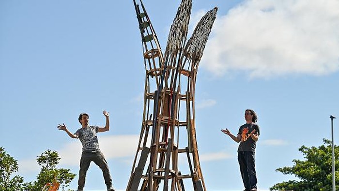 EDINBURGH, SCOTLAND - AUGUST 17: Matt Wright and Tim Vincent-Smith directors of Pianodrome unveil a set of new up-cycled sculptures made from abandoned and old pianos on August 17, 2021 in Edinburgh, Scotland. Edinburgh's Pianodrome presents ten new sculptures to be displayed in public spaces across Leeds city centre, for this year's two-week festival run by Leeds International Piano Competition. Animating the streets in prominent locations, the interactive sculptures, all created entirely from upcycled pianos, will be on display from 4 to 19 September.  (Photo by Jeff J Mitchell/Getty Images)