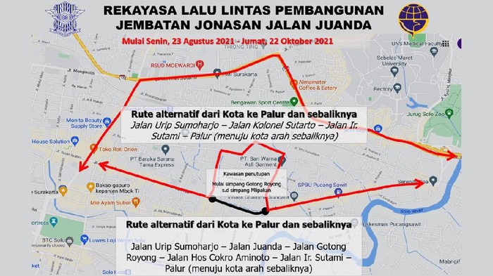 Pengalihan arus lalin terkait penutupan Jalan Juanda Solo, Jumat (20/8/2021).