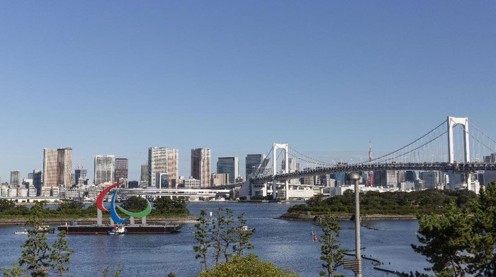 A Paralympic Symbol is seen installed at Odaiba Marine Park on Friday, Aug. 20, 2021, in Tokyo. TThe Tokyo Paralympics open on Aug. 24 in a ceremony at Tokyo's National Stadium. (Yuichi Yamazaki/Pool Photo via AP)