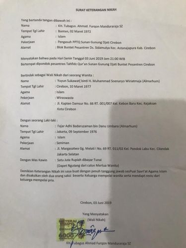 Bukti Pernikahan Fajar Umbara dan  Yuyun Sukawati
