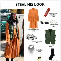 Pria berambut panjang dengan berewok tebal yang ada di unggahan itu disebut memakai dress oranye dari Gucci seharga US$ 3.500 atau sekitar Rp 50 juta, vest hijau dari Urban US$ 930 (13 juta), lalu sneakers Axis US$ 90 (Rp 1,3 juta). (Foto: Twitter)
