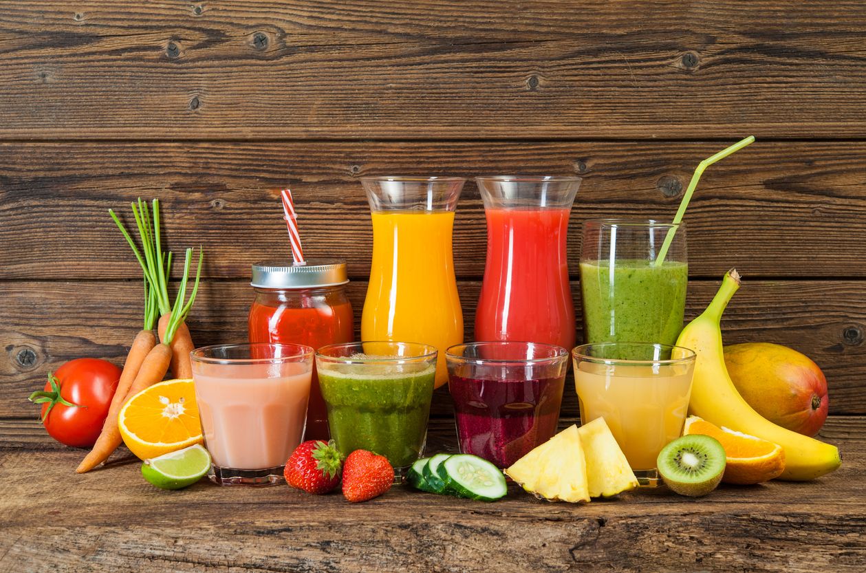 Various freshly squeezed fruit and vegetable juices