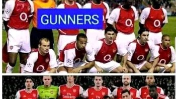 Bagian atas adalah Arsenal yang sejati, the Gunners. Sedangkan yang bawah skuad saat ini tidak diketahui siapa mereka. Foto: Twitter