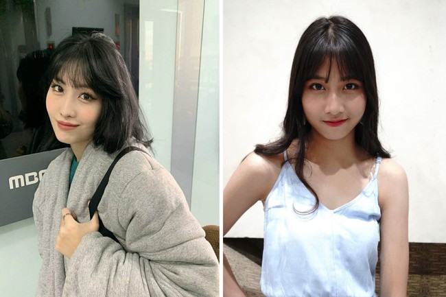 Muthe JKT48 telah menjadi perbincangan sebelum debut karena kemiripannya dengan Momo TWICE. Netizen Korea bahkan mengakui keduanya punya mata dan senyuman serupa. Foto: dok JYP Entertainment, dok Instagram jkt48.muthe_