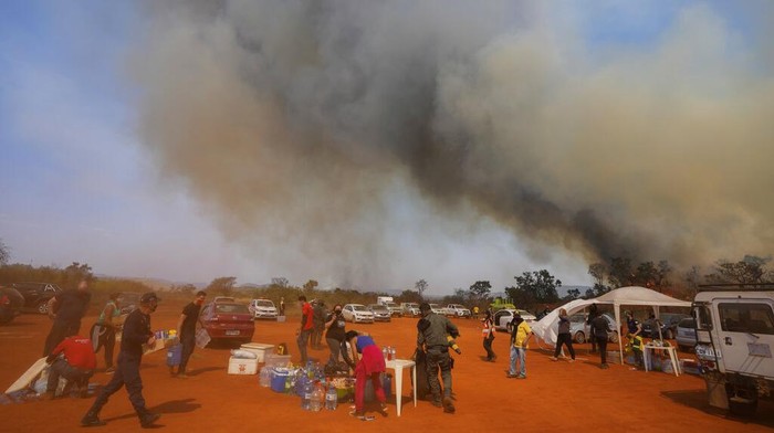 Fire consumes part of the Juquery Park in Franco da Rocha, greater Sao Paulo area, Brazil, Monday, Aug. 23, 2021. According with the Fire Department an illegal paper hot air balloon landed in the area on Sunday, igniting and destroying more than half of the park. (AP Photo/Andre Penner)