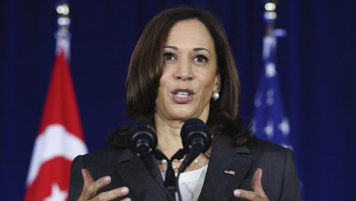 U.S. Vice President Kamala Harris delivers a speech at Gardens by the Bay in Singapore before departing for Vietnam on the second leg of her Southeast Asia trip, Tuesday, Aug. 24, 2021. (Evelyn Hockstein/Pool Photo via AP)