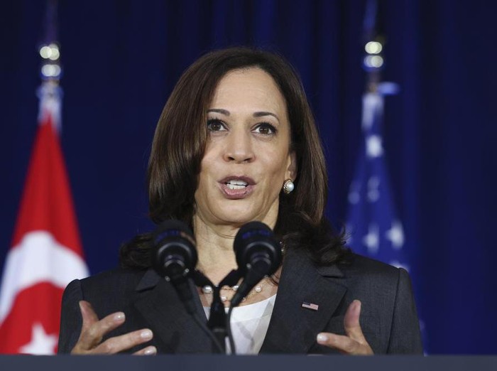 U.S. Vice President Kamala Harris delivers a speech at Gardens by the Bay in Singapore before departing for Vietnam on the second leg of her Southeast Asia trip, Tuesday, Aug. 24, 2021. (Evelyn Hockstein/Pool Photo via AP)
