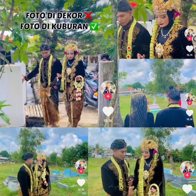 Dalam video yang diunggah ke TikTok itu tampak pengantin wanita terus menggandeng tangan pengantin prianya saat berjalan memasuki area pemakaman. Dan seorang pria memegang kamera selayaknya fotografer mengarahkan pasangan pengantin tersebut di area kuburan. Foto: Dok. Tangkap layar akun TikTok @FuadFahRozi.