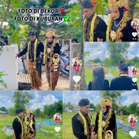Dalam video yang diunggah ke TikTok itu tampak pengantin wanita terus menggandeng tangan pengantin prianya saat berjalan memasuki area pemakaman. Dan seorang pria memegang kamera selayaknya fotografer mengarahkan pasangan pengantin tersebut di area kuburan. Foto: Dok. Tangkap layar akun TikTok @FuadFahRozi.