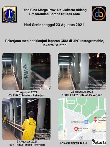 Dinas Bina Marga DKI Jakarta menghapus coretan di JPO Bundaran Senayan dekat Ratu Plaza yang Instagramable.