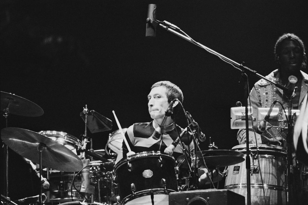 British drummer Charlie Watts as The Rolling Stones perform at Earls Court, as part of their Tour of Europe '76, London, England, May 1976. (Photo by John Minihan/Evening Standard/Hulton Archive/Getty Images)