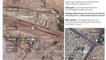 Masih sangat banyak warga Afghanistan merapat ke bandara untuk keluar dari negara itu. Apalagi jelang deadline evakuasi 31 Agustus di mana setelah tanggal itu, militer Amerika Serikat tidak akan lagi melakukan proses penerbangan dari Bandara Kabul. Tampak warga sipil menyemut di gerbang Bandara Kabul. Foto: AP
