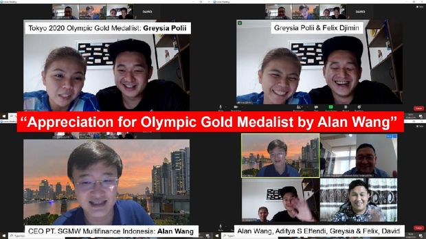 Greysia Polii dan suami Felix Djimin saat berbincang via zoom dengan CEO Wuling Finance Alan Wang