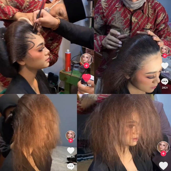 Adalah akun TikTok @makeupbyiirma yang mengunggah video pengantin yang menjalani ritual tak keramas tujuh hari. Dalam video tersebut terlihat rambut pengantin wanita itu menggembang dan keningnya dihiasi paes. Pengantin ku kali ini Kepala Dusun (Bu Wo), tulis akun TikTok @makeupbyiirma. Foto: Dok. Tangkap layar akun TikTok @makeupbyiirma.