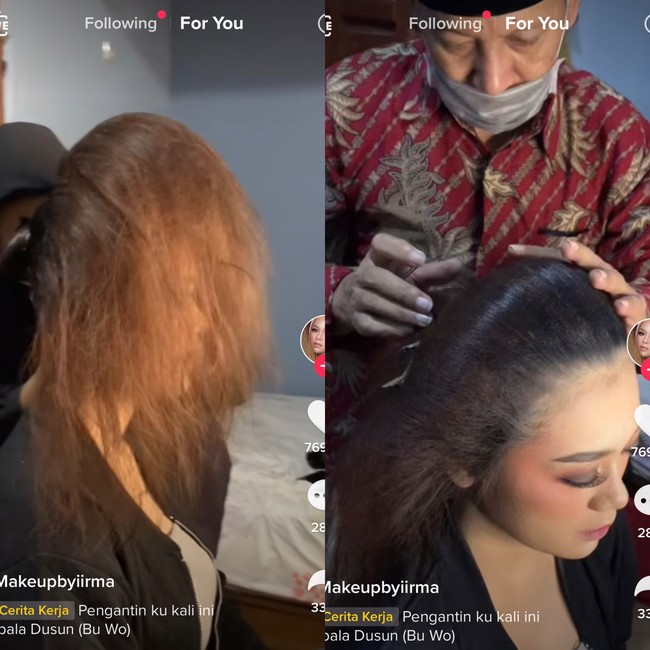 MUA ini mendadak menjadi atensi publik usai memperlihatkan penampilan pengantin yang menjalani ritual tak keramas selama tujuh hari. Penampilan sang pengantin membuat warganet kaget sekaligus takjub. Foto: Dok. Tangkap layar akun TikTok @makeupbyiirma.