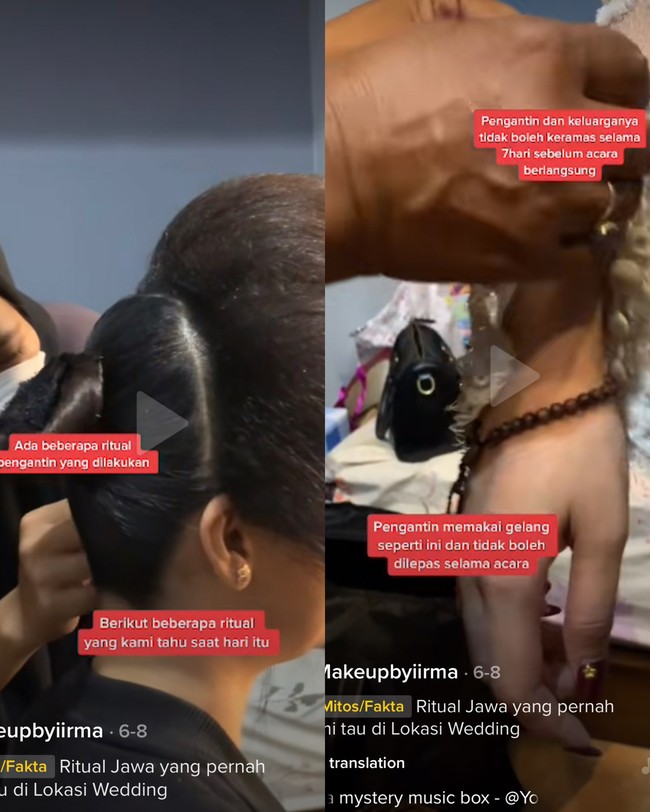 MUA yang tinggal di Kediri, Jawa Timur itu menjelaskan pengantin wanita tersebut juga memakai gelang yang tidak boleh dilepas selama acara. Ada juga keris dari keluarga pengantin serta sesajen dan dupa di sekitar pengantin. Waktu kita tanya katanya pengantin itu sudah syaratnya satu keluarga nggak boleh keramas tujuh hari. Cuma percaya nggak percaya suasana di sana tenang banget. Padahal nggak ada wedding organizer, acara lancar dan aura pengantinnya keluar banget, jelasnya. Foto: Dok. Tangkap layar akun TikTok @makeupbyiirma.