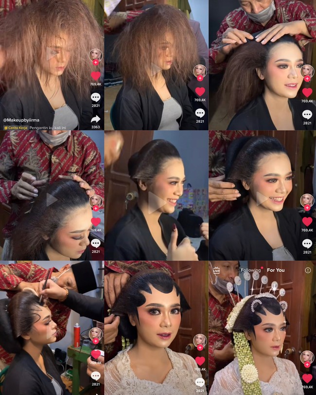 Usai dirias, pengantin yang memakai kebaya putih tersebut terlihat cantik dan flawless. Hingga Kamis (26/8/2021) video viral tersebut sudah mendapatkan 7,6 juta Views, 769 ribu Likes dan 2.819 komentar. Warganet memuji riasan wajah pengantin yang tampak memesona dan tatanan sanggul Jawanya. Foto: Dok. Tangkap layar akun TikTok @makeupbyiirma.