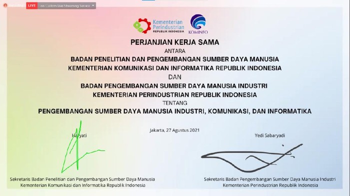 Badan Penelitian dan Pengembangan Sumber Daya Manusia melakukan perjanjian Kerja sama dengan Badan Pengembangan Sumber Daya Manusia Industri (BPSDMI)  Kementerian Perindustrian pada hari ini (27/8/2021). Kerja sama itu bertujuan untuk meningkatkan ekosistem sumber daya manusia bidang industri, komunikasi, dan informatika.