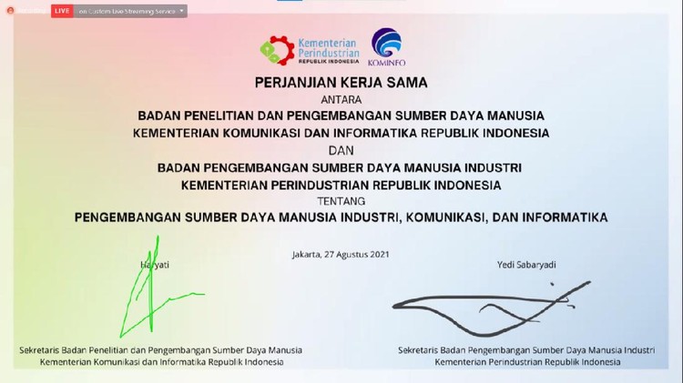 Kominfo & Kemenperin Tingkatkan SDM di Bidang Industri dan Komunikasi Badan Penelitian dan Pengembangan Sumber Daya Manusia melakukan perjanjian Kerja sama dengan Badan Pengembangan Sumber Daya Manusia Industri (BPSDMI) Kementerian Perindustrian pada hari ini (27/8/2021). Kerja sama itu bertujuan untuk meningkatkan ekosistem sumber daya manusia bidang industri, komunikasi, dan informatika.