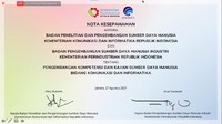 Badan Litbang SDM Kementerian Kominfo dan BPSDMI Kementerian Industri melakukan pandatanganan Nota Kesepahamanan tentang Pengembangan Kompetensi dan Kajian Sumber Daya Manusia Bidang Komunikasi Dan Informatika secara virtual, Jumat (27/8/2021).