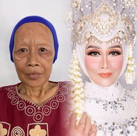 Makeup artist Rangga Juans membuat wajah nenek ini jadi muda lagi. Tak hanya mengandalkan makeup, Rangga menarik wajah sang nenek menggunakan lakban. Tampak jelas before after wajah sang nenek yang tampak kontras. Foto: dok. Instagram/ranggajuans