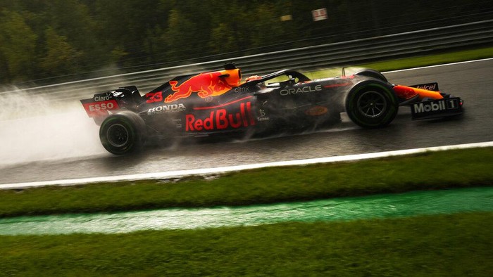 Red Bull driver Max Verstappen of the Netherlands steers his car during qualification ahead of the Formula One Grand Prix at the Spa-Francorchamps racetrack in Spa, Belgium, Saturday, Aug. 28, 2021. The Belgian Formula One Grand Prix will take place on Sunday. (AP Photo/Francisco Seco)