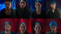 Foto kolase warga suku Baduy saat melakukan pemotretan untuk perekaman KTP elektronik di Kampung Cijahe, Lebak, Banten, Sabtu (28/8/2021).