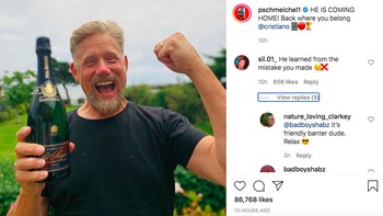 Dia pulang ke rumah, kembali ke tempatmu berada, sambut Peter Schmeichel di Instagram. Foto: Instagram
