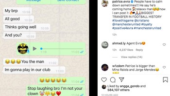 Sedangkan Patrice Evra menunjukkan percakapan WhatsApp dengan Ronaldo. Relaks man, dia sudah bilang akan pulang, tulisnya. Foto: Instagram