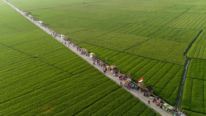 Foto udara suasana destinasi wisata Tegalan di Kampung Karang Tengah, Plawad, Karawang, Jawa Barat, Sabtu (28/8/2021). Destinasi wisata hasil swadaya masyarakat dan Karang Taruna tersebut menyajikan pemandangan lahan persawahan yang sekaligus menjadi tempat promosi dan dan penjualan produk UMKM sebagai upaya pengembangan desa wisata. ANTARA FOTO/M Ibnu Chazar/aww.