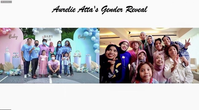 Keluarga Atta Halilintar terhubung secara virtual dan menyaksikan keseruan acara tersebut. Team Boy juga terlihat unggul, di mana sejumlah anggota keluarga termasuk ayah dan ibu Atta mengenakan baju biru. Foto: dok. Instagram genifaruk