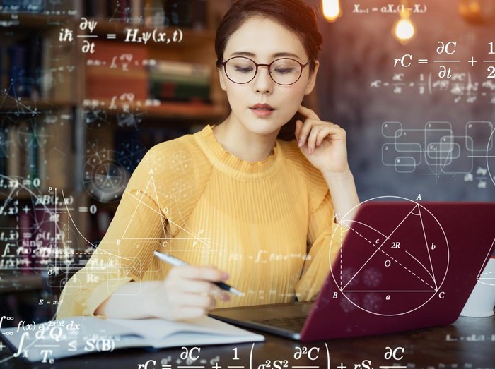 Ilustrasi IQ atau wanita pintar Young asian woman studying in the room. Education concept. Science technology. Mathematics.