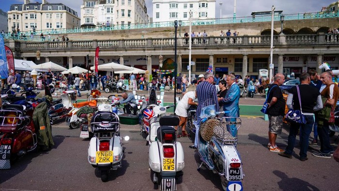 BRIGHTON, ENGLAND - AUGUST 29: A general view during the Mods annual bank holiday weekend gathering to Brighton on August 29, 2021 in Brighton, England. (Photo by Alan Crowhurst/Getty Images)