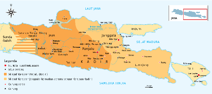 Peta Kerajaan Kediri (Kadiri) abad 11-13 M berdasarkan Atlas Sejarah Indonesia dan Dunia dari PT Pembina Peraga Jakarta 1996.