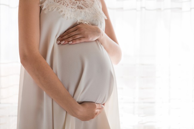Pretty young pregnant woman standing by the window in home.