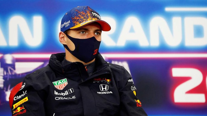 SPA, BELGIUM - AUGUST 29: Race winner Max Verstappen of Netherlands and Red Bull Racing talks in the press conference after the F1 Grand Prix of Belgium at Circuit de Spa-Francorchamps on August 29, 2021 in Spa, Belgium. (Photo by Antonin Vincent - Pool/Getty Images)