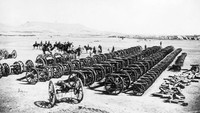 Deretan meriam tentara Inggris saat Perang Afghanistan di Kandahar tahun 1930an. (Photo by John Burke/Getty Images)