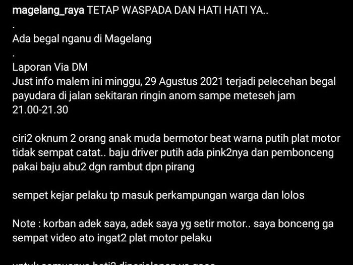 Unggahan yang viral terkait begal payudara di Kabupaten Magelang.