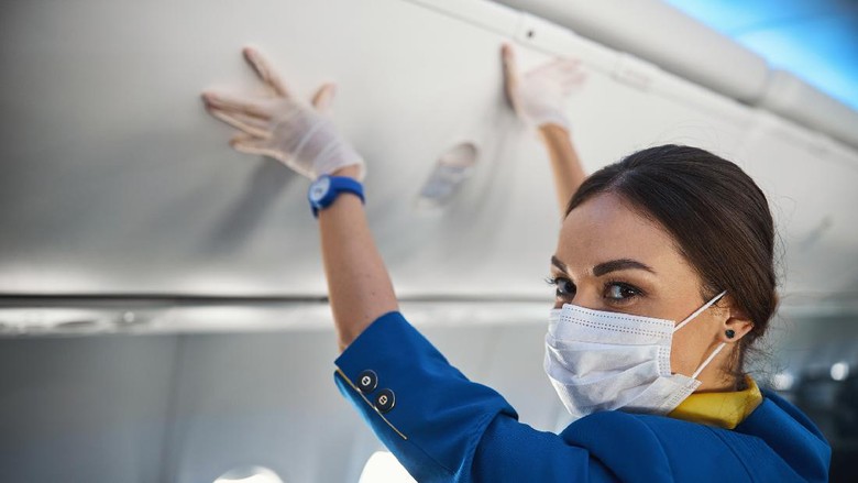 Ilustrasi pramugari Airline stewardess in protection mask turning her head and looking into camera while pressing hands to overhead bin cover