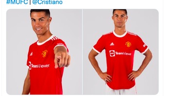 Akun Twitter resmi Manchester United memuat Ronaldo berseragam MU. Dia kembali dan dia masih sempurna, tulis mereka. Foto: Twitter